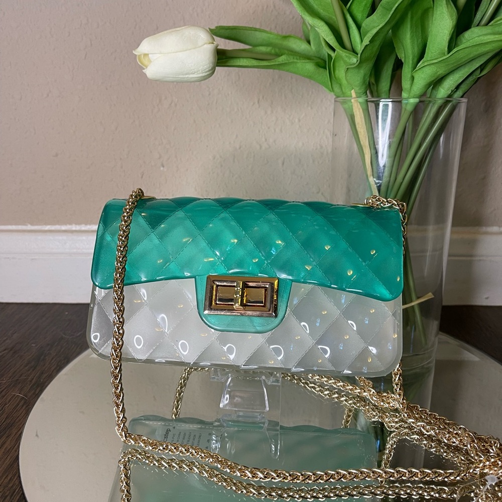 NWOT- Jelly Teal and Clear Shoulder/Crossbody Purse with Gold Chain